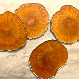 Tangerine Geode Resin Coasters: Silver Leaf Hand Painted Trim, Set of 4