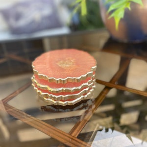 Sunset coasters, oversized epoxy resin coaster sets of 2 or 4, handmade coasters with irregular geode/agate shape, shimmering orange pink