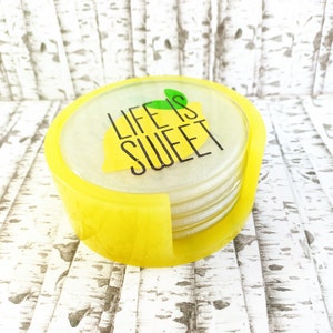 White Resin Coasters, Life is Sweet, Lemons, Yellow Holder