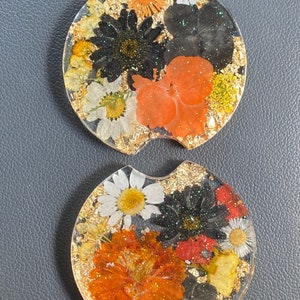 Pressed Flower Car Coasters, Set of 2 Floral Car Coasters, Orange Car Coaster, Orange Car Decor, Car Cup Coasters, Flower Car Decor, Coaster