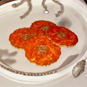 Orange Resin Coasters with Champagne Gold Flakes – Handmade Luxe Coaster Set of 4 – Elegant Modern Drink Coasters for Home or Gift