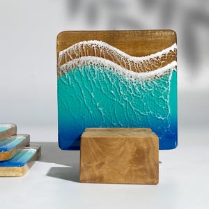 Ocean Resin Coasters Set of 4 – Square Wooden Epoxy Drink Coasters, Beach Wave Coastal Decor, Handmade Gift, Gift For Him, Gift For Dad